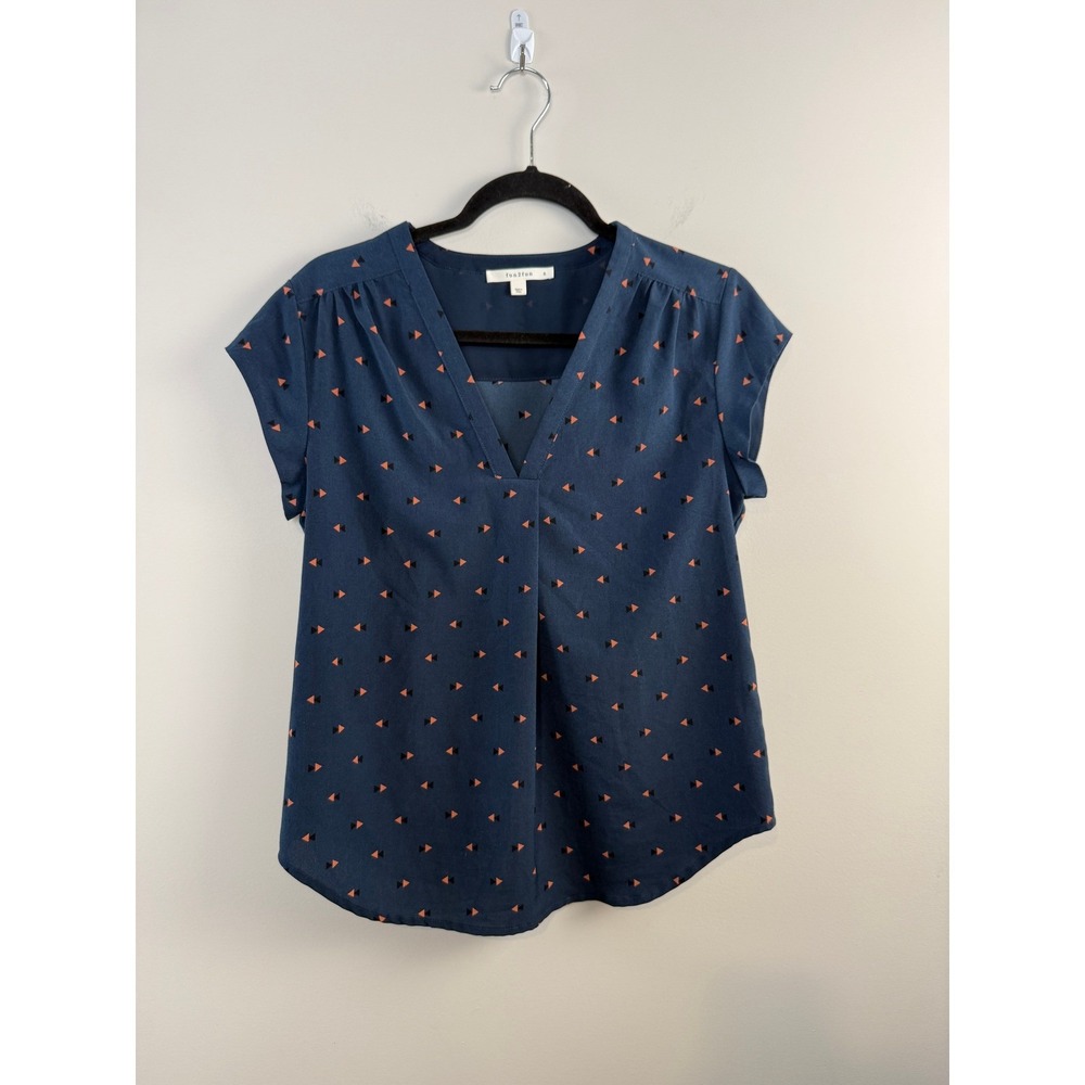 Fun2Fun Blouse Women Small Navy Blue Triangle Print V-Neck Cap Sleeve Top